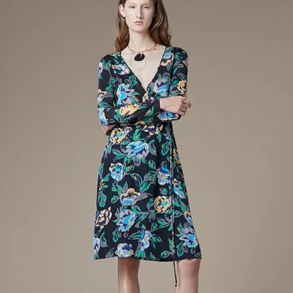 Diane Von Furstenberg Benton Floral Long-Sleeve Silk Jersey Wrap Dress in size 4